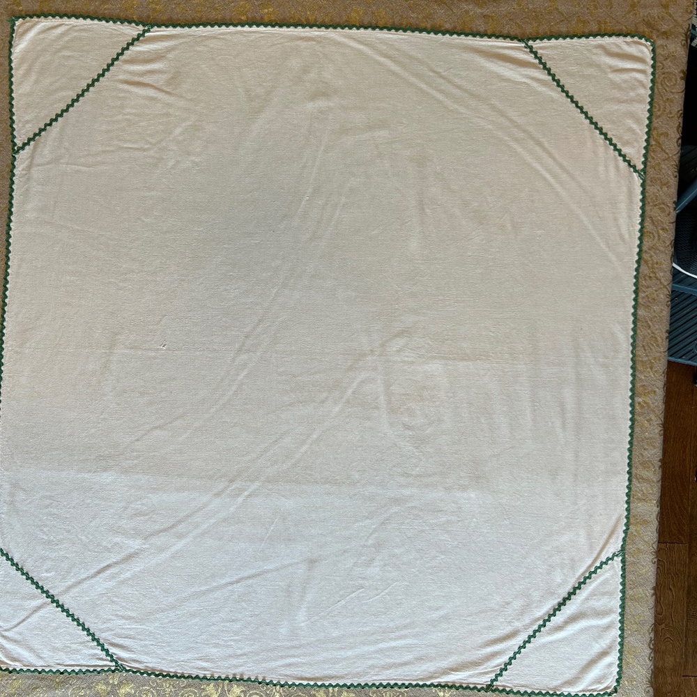 White cotton handmade tablecloth with green rickrack 36” x 37”